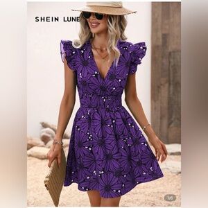 LIKE NEW SHEIN LUNE Allover Print Butterfly Sleeve Dress - Purple - Sz 6/Medium